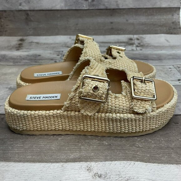 Steve Madden Karrigan Raffia Buckle Slide Sandals Size 9 Natural /Beige - Picture 4 of 10